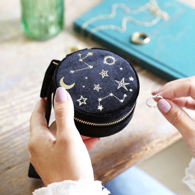 Starry Night Velvet Mini Round Jewellery Case in Black