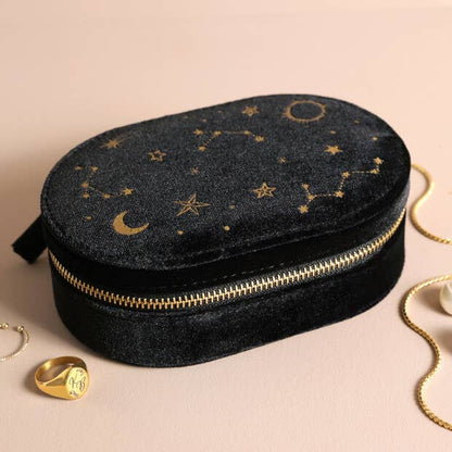Starry Night Printed Velvet Oval Jewellery Case in Black